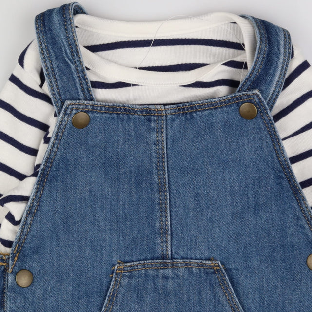 Denim dungaree outfit with navy stripe long sleeve