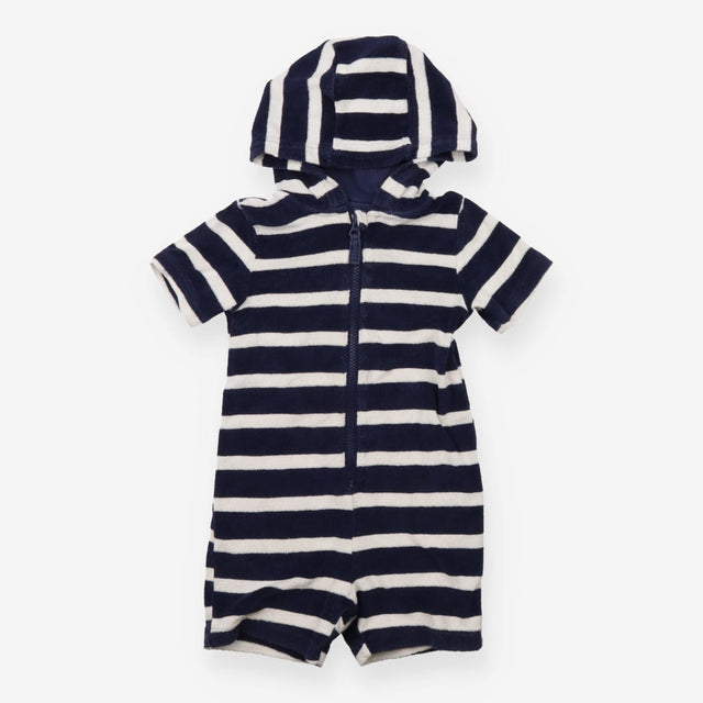 Romper navy blue white stripe towelling hood