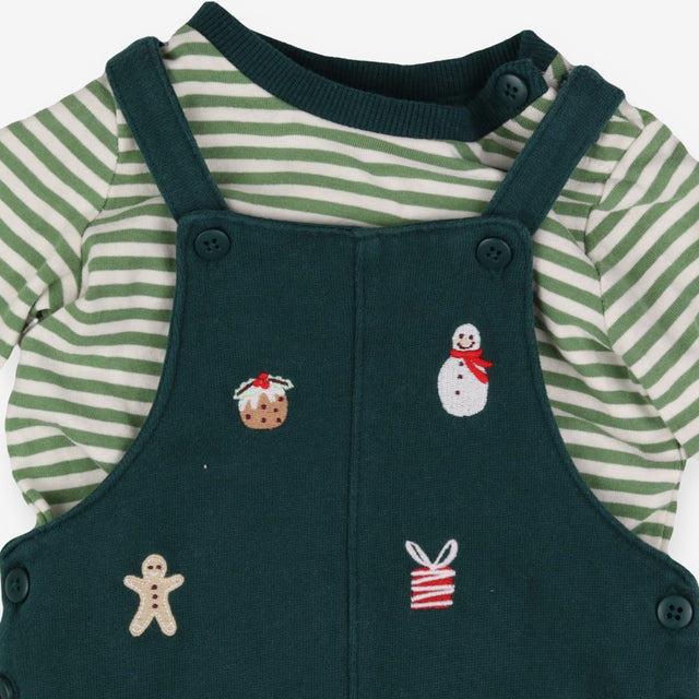 Dungarees green jersey festive embroidery