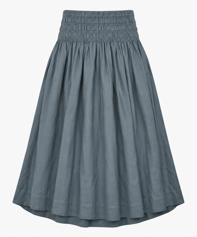 Slate Grey 100% Linen Smocked Waist Midi Skirt