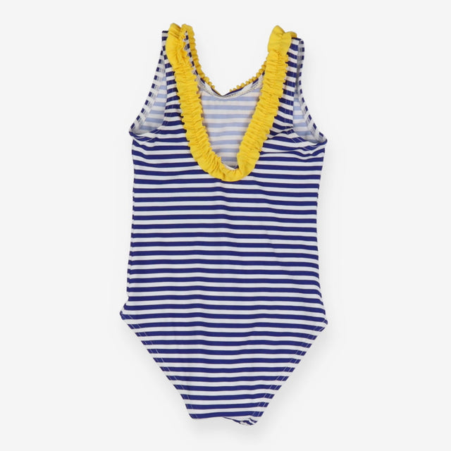 Blue and white stripe swimming costume with yellow
