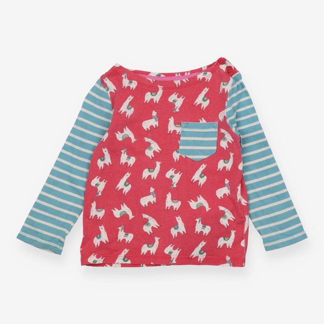 Tee LS pink Llama blue stripe sleeves