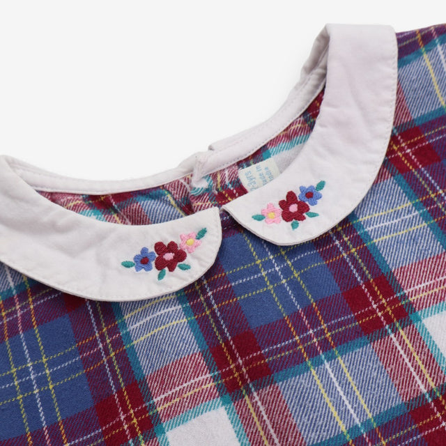 Dress Long Sleeved Tartan Flower Applique Collar
