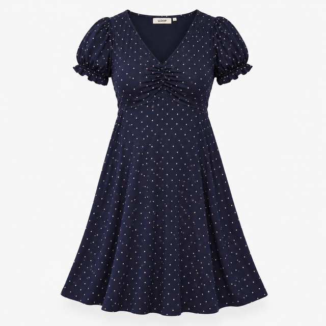Dress Navy Pink Polka Dot V Neck Midi Fit Flare