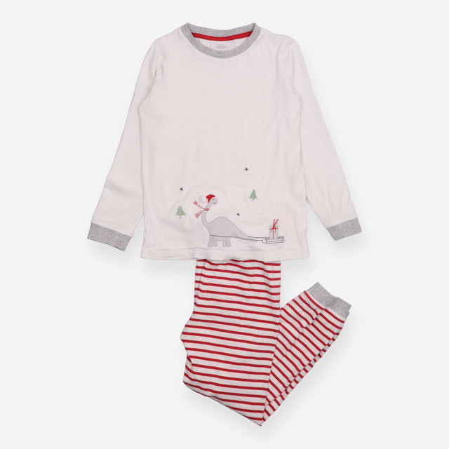 Festive Pyjama White Top with Dinosaur and Red Str