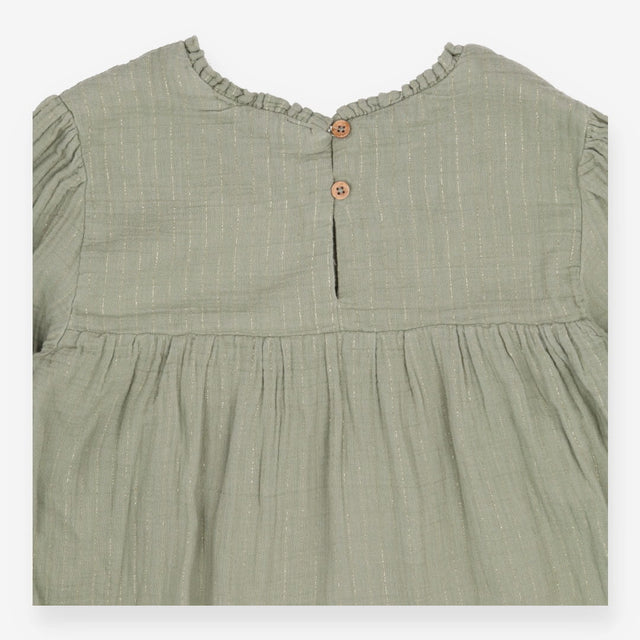 Dress LS muslin gold threads smocked