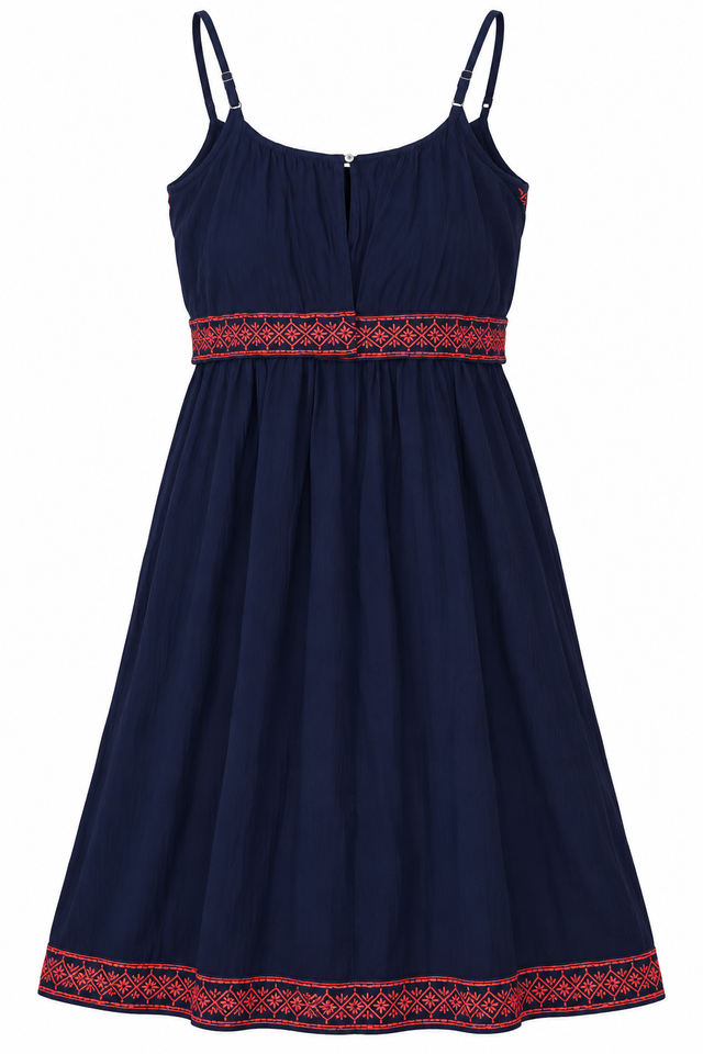 Embroidered Navy Strappy Midi Dress