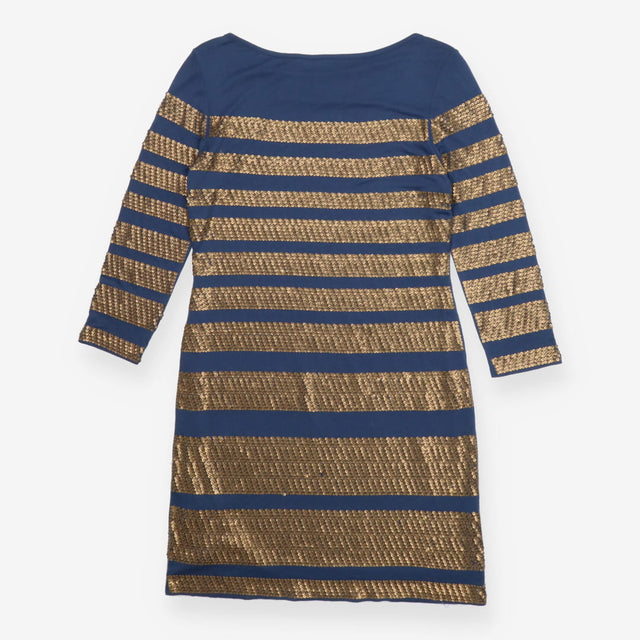 Navy Boatneck Midi Jersey Dress – Gold Sequin Stri