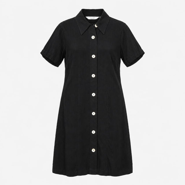 Shirt Dress Black Crinkle Short Sleeve Button Fron