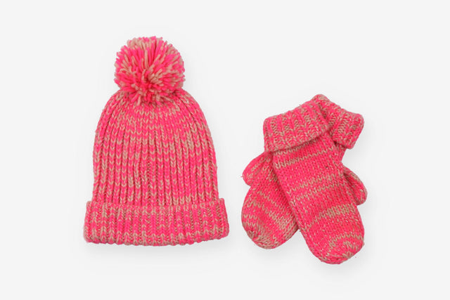 Knit pink/cream hat, scarf and mittens