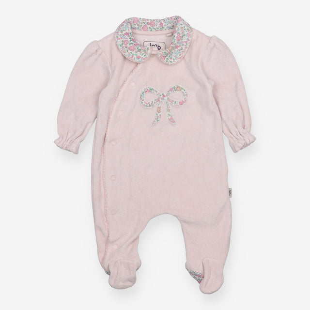 Pink Velour Sleepsuit with Floral Bow