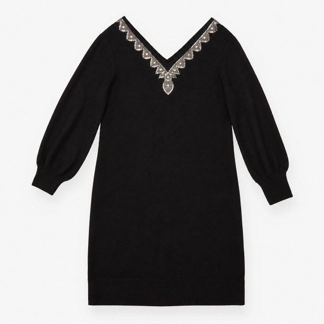Knit Jumper Dress Beaded Embellished V-Neck Black