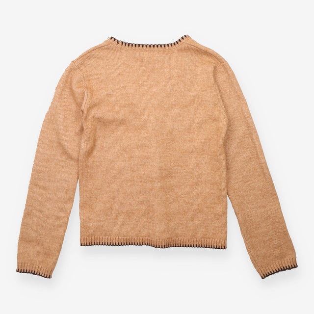 Cardigan Camel Tan V Neck Blanket Stitch Edge Soft