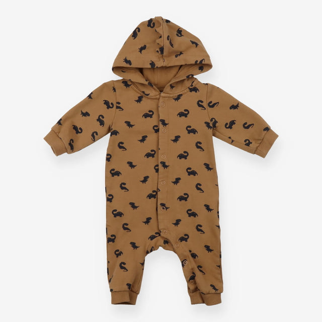 Brown hooded onesie with little dinos