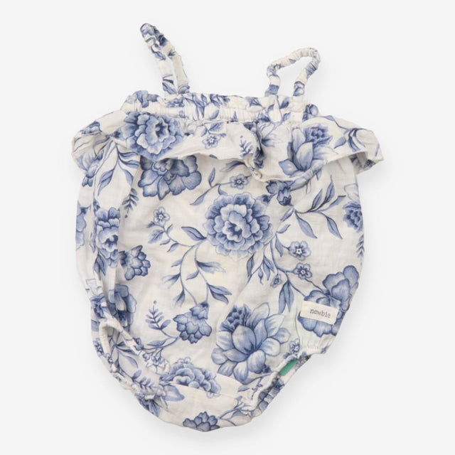 Romper white linen blue flowers
