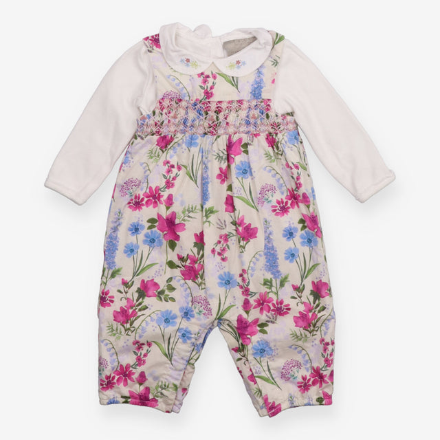 Outfit Dungarees floral smocked white collar LS bo