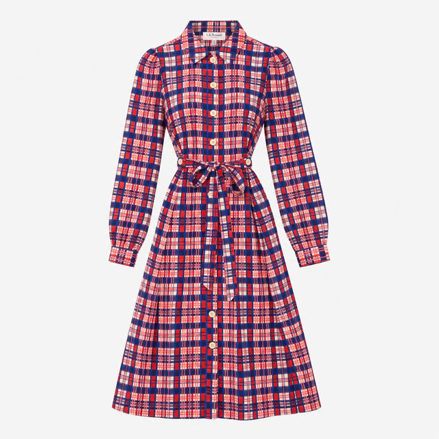 Dress 100% Silk Plaid Shirt Belted Midi Blue Pink
