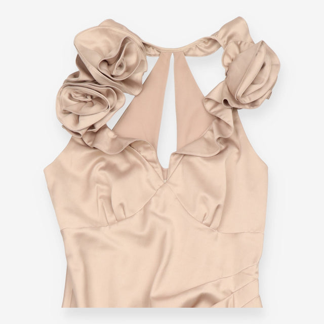 Midi Dress Nude Gold Ruffle Halterneck Fitted Occa