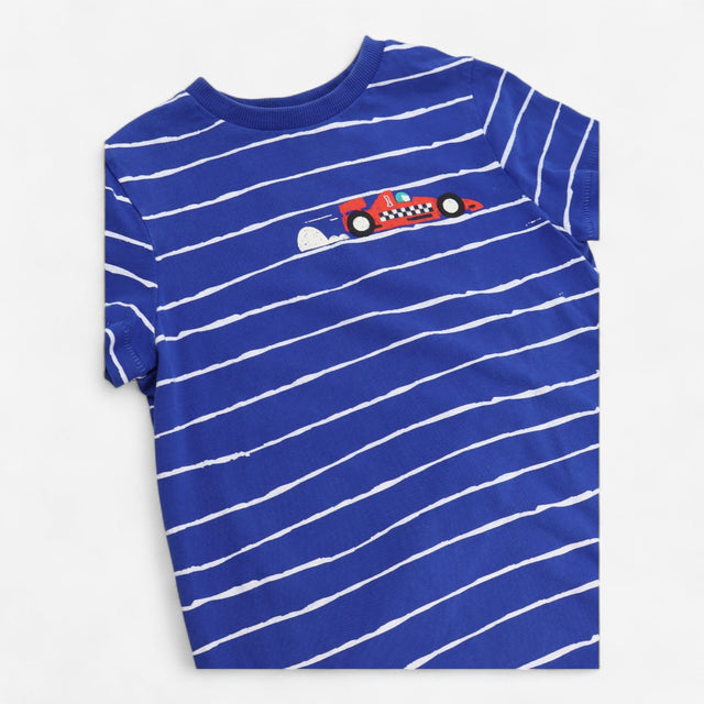 T-shirt blue with white stripes race car