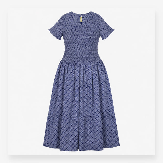 Blue Navy Checked Shirred Midi Dress