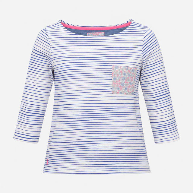 Joules Top White Blue Stripe Floral Pocket 3/4 Sle