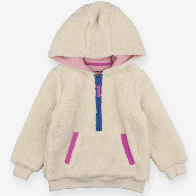 Cream 1/4 zip hoodie with pink edge pocket