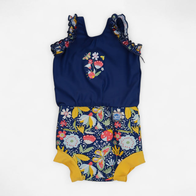 Swimsuit with Integrated Nappy Navy and Yellow Flo