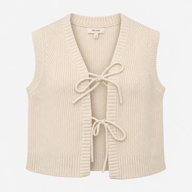 Vest Cream Ribbed Knit V-Neck Tie Front Sleeveless