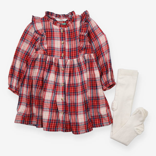 Long sleeve tartan dress with white tights