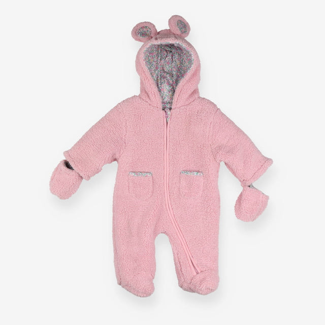 Pink Fleece Pramsuit Floral Lined with Mittens