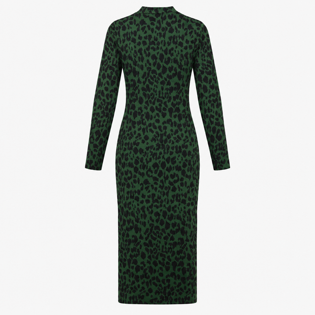Leopard Midi Dress in Forest Green with High Neck