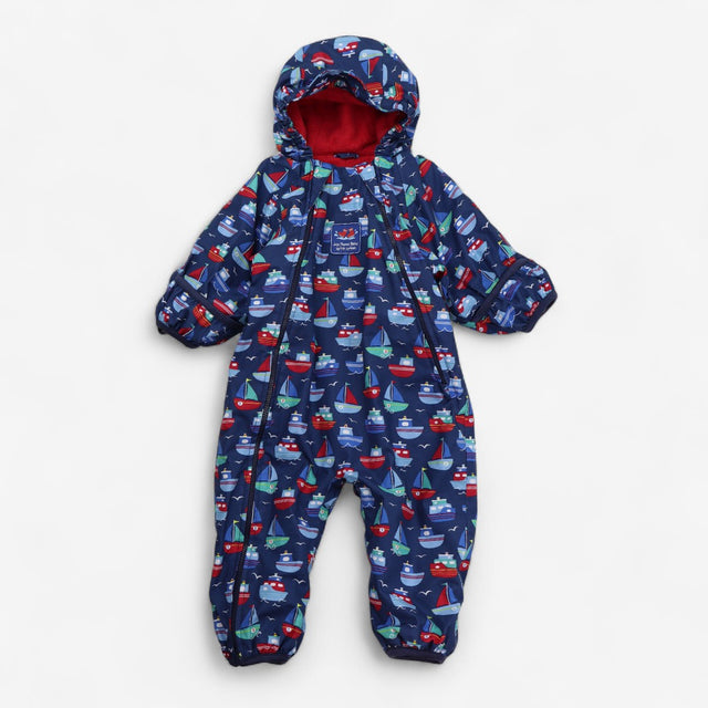 Pramsuit navy with boats red fleece lined