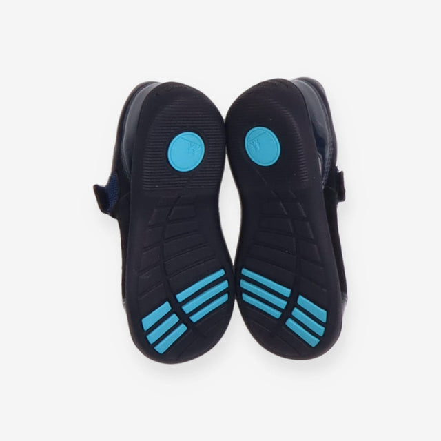 T Bar shoes navy blue flowers suede patent toe