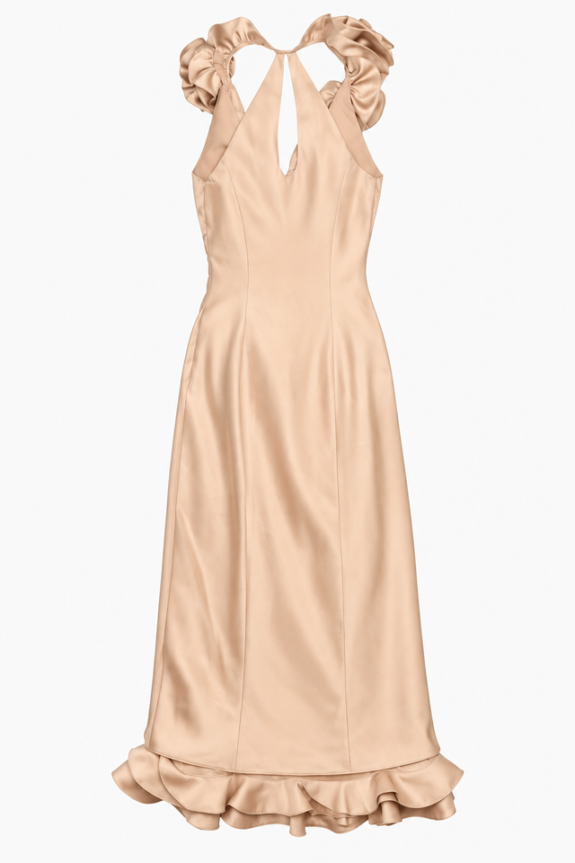 Midi Dress Nude Gold Ruffle Halterneck Fitted Occa