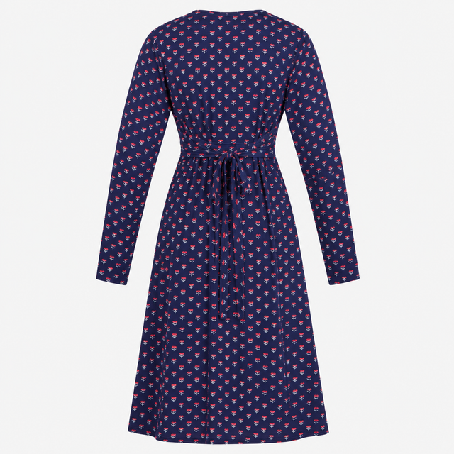 Dress Navy Blue Floral Print Long Sleeve Midi V-Ne
