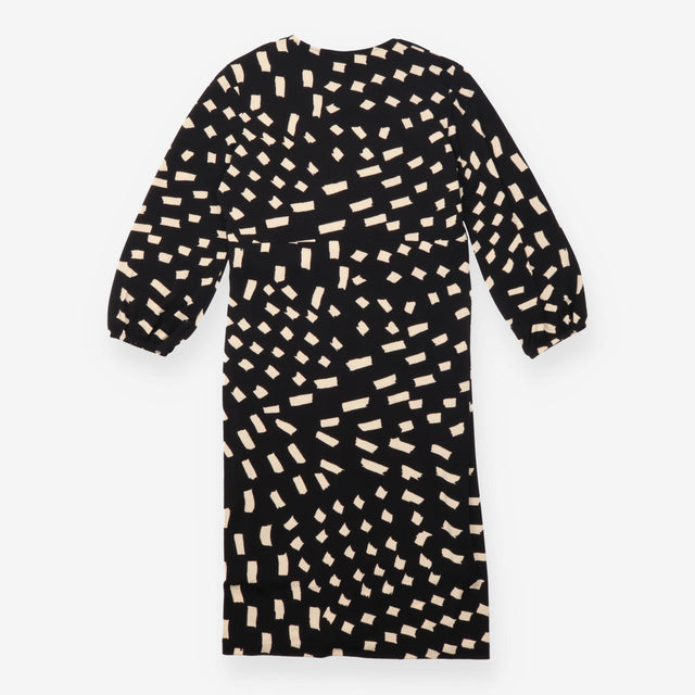 Midi Dress Black Cream Abstract Print Wrap Effect
