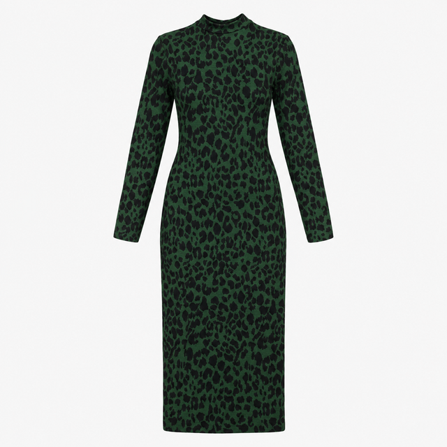 Leopard Midi Dress in Forest Green with High Neck