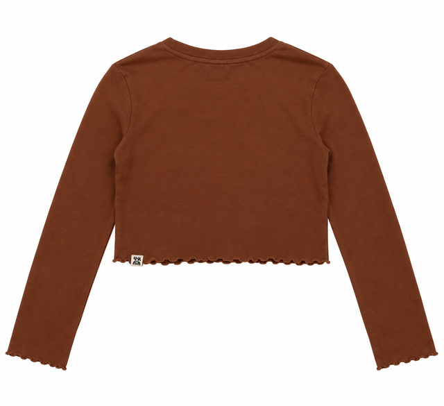 Long Sleeve Top Brown Cropped Lettuce Hem