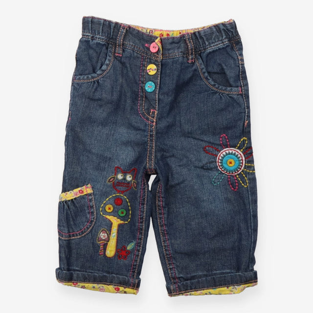 patchwork jeans with flowers and owl appliques