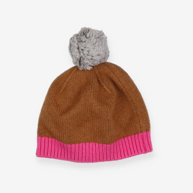 Brown bobble hat with pink band