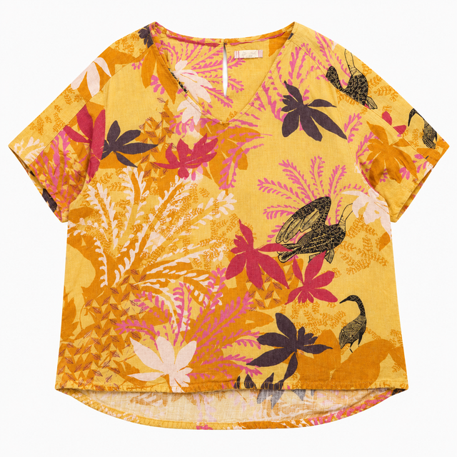 Tropical Print Linen Blend V Neck Blouse Mustard