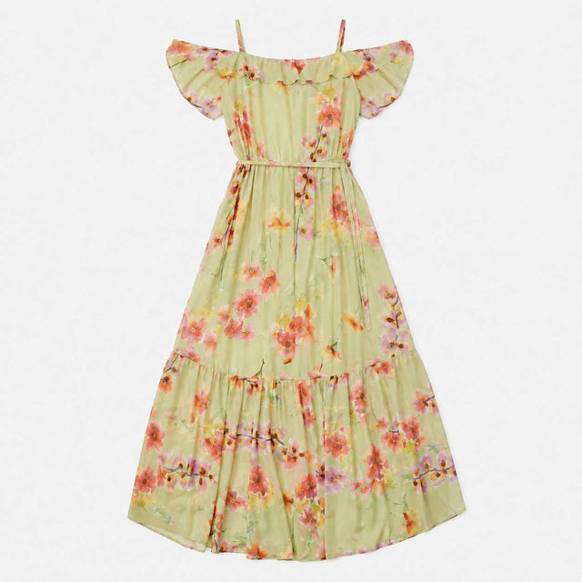 Maxi Dress Sage Floral Cold Shoulder Wrap