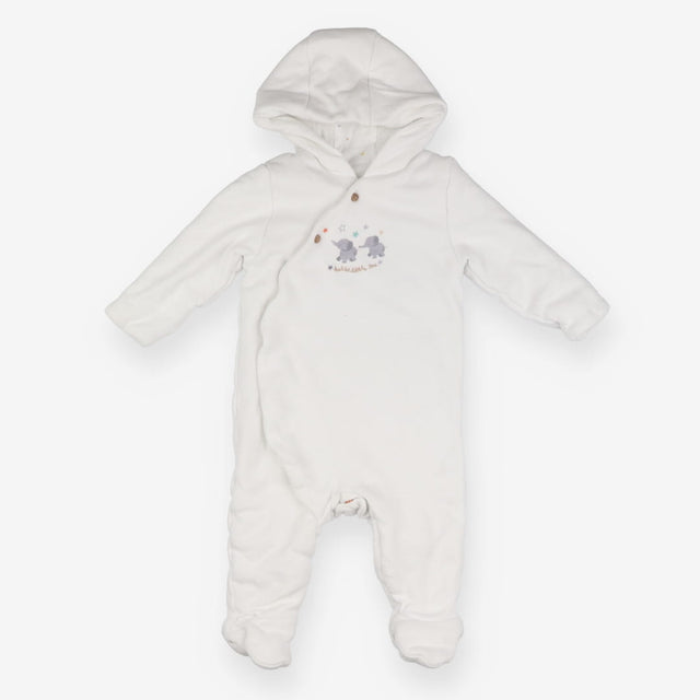 White pramsuit with elephants applique