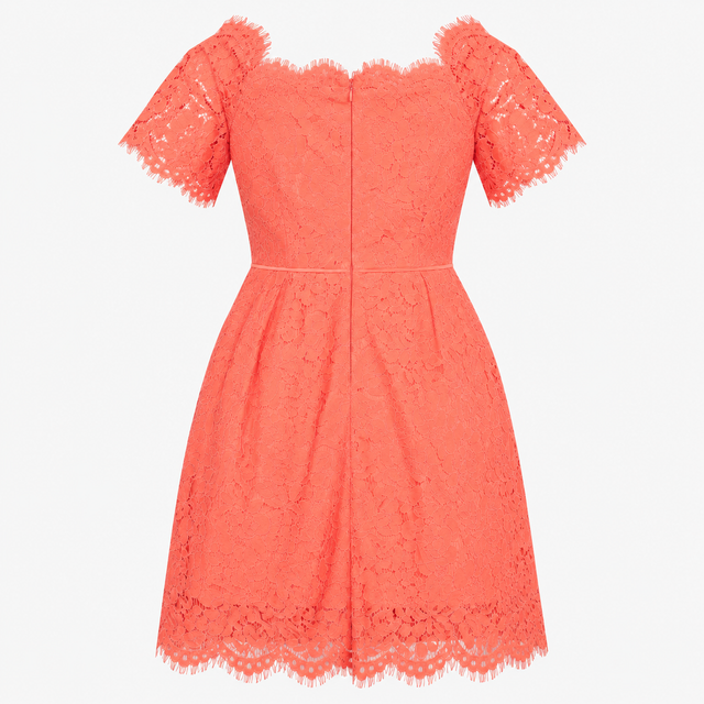 Dress Coral Pink Lace Off Shoulder Short Sleeve Mi