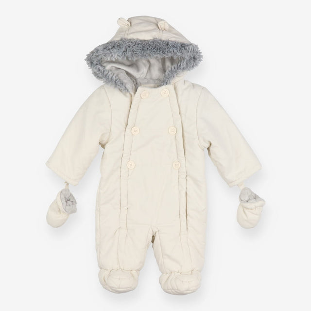 Pramsuit cream 6 buttons grey fur hood