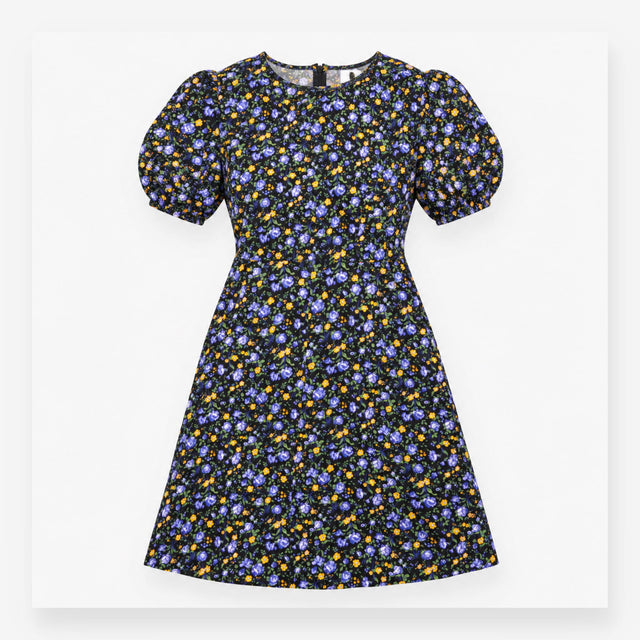 Black Blue Floral Puff Sleeve Mini Dress