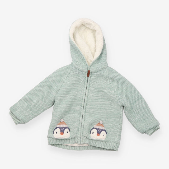 Green zip up fleece lined jacket with penguins