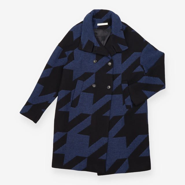 Wool Blend Coat Blue Black Oversized Houndstooth