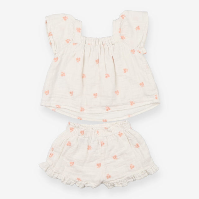 White Top and shorts outfit with peach flowers