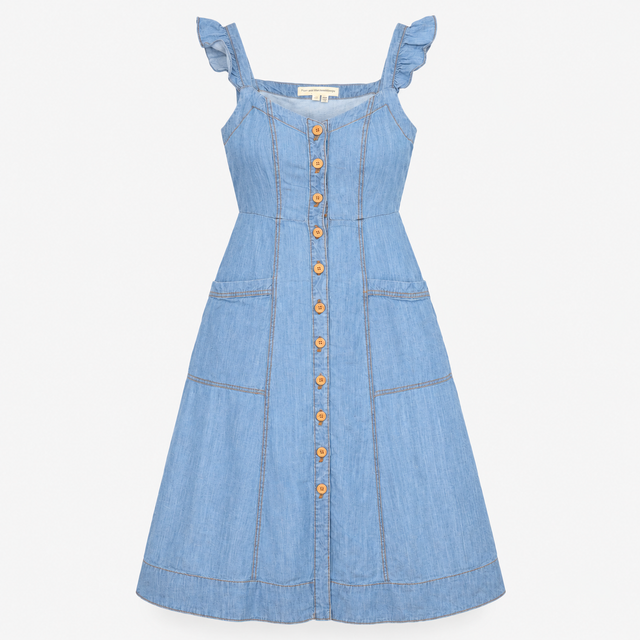 Denim Midi Dress with Tie Straps and Button Front